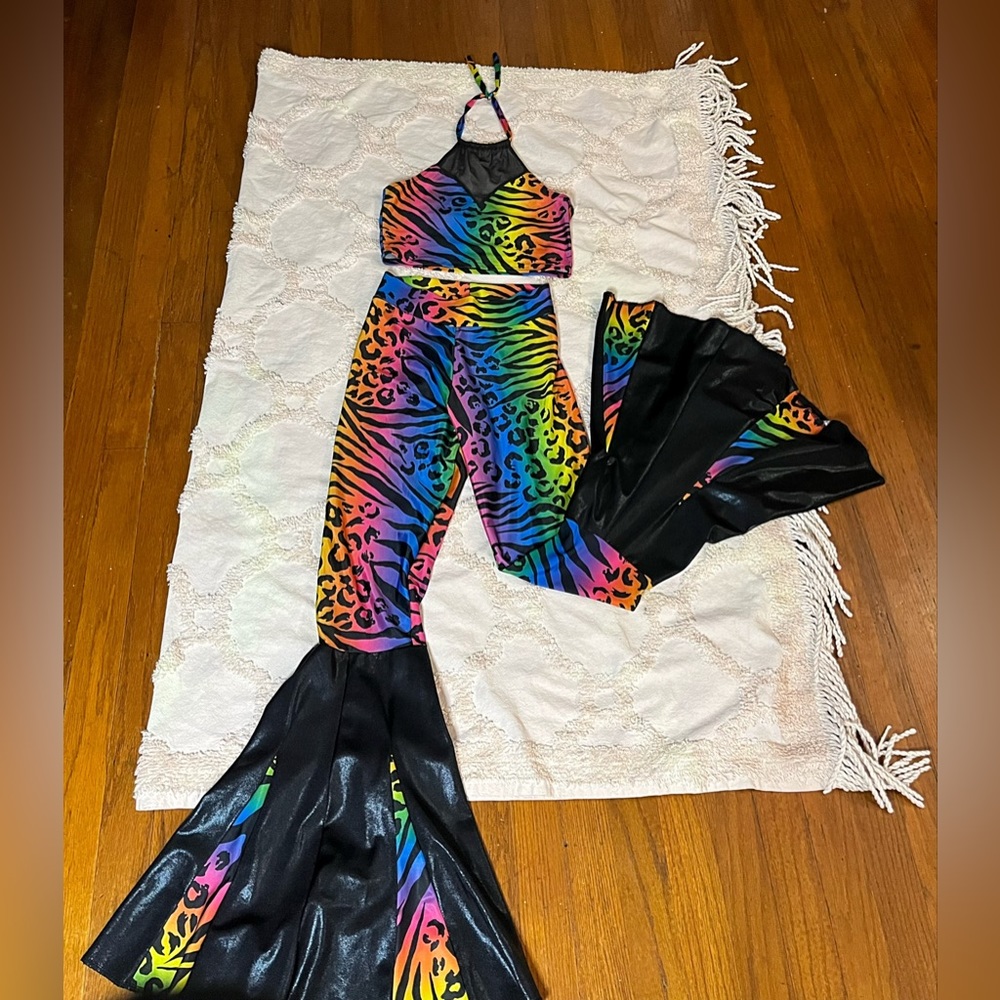 Rainbow leopard print bell bottoms and tank top set with black mesh size small